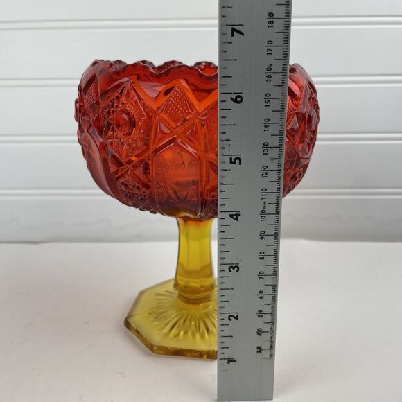 VTG Ruby Red Amberina Yellow Pressed Glass Pedestal Compote Candy Dish Scalloped - Picture 8 of 10